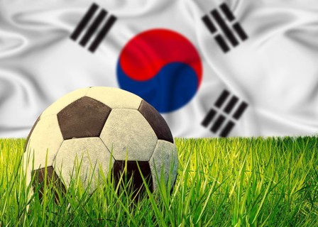 Soccer ball on the grass with South Korea flag in the background. Soccer ball on pitch against