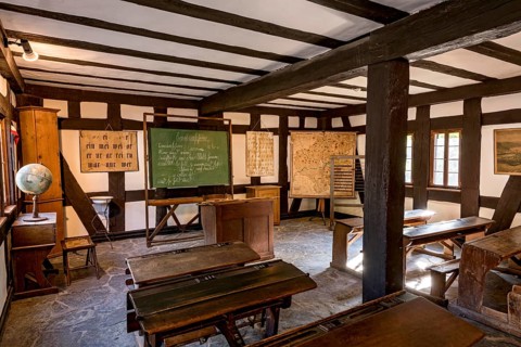 Classroom with blackboard and school desk, historical school, interior, house from Frickhofen,