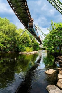 A suspension railway over the riverbed of the Wupper in Elberfeld, Wuppertal, Germany