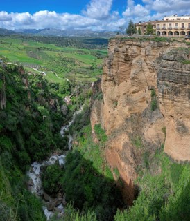 View to the west with the river El Tajo from the Puente Nuevo, New Bridge, Ronda, Malaga, Spain
