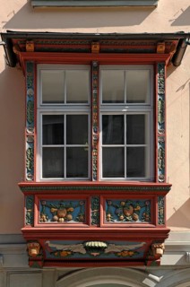 Artfully carved bay window of a town house, Marktgasse 17, St. Gallen Switzerland