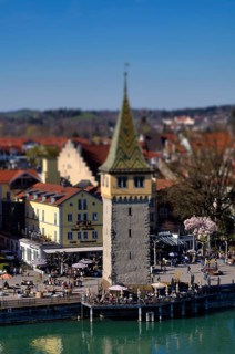 View from New Lighthouse to Old Town, miniature view, toy view, tilt-shift effect, Lindau, Bavaria,