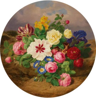 A lush bouquet of roses, tulips and daffodils on a sandy ground, painting by Josef Lauer (1818,