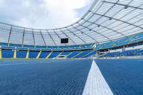 CHORZOW, POLAND - MAY 9, 2018: athletics track at Silesian Stadium multifunctional arena adapted to
