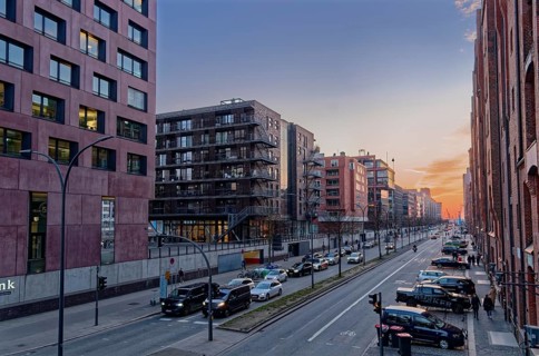The Großer Graasbrook road between Hafencity and Speicherstadt in the port area of Hamburg, in