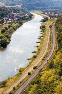 View from the Skywalk on River Weser, Beverungen, Weser Uplands, North Rhine-Westphalia, Germany