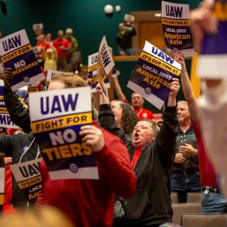Three Rivers, Michigan USA - 29 March 2026 - Members of the United Auto Workers rally for better