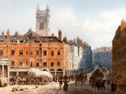 Holborn Hill, corner of Snow Hill, Farringdon Street on the left and St. Andrew's Church in the
