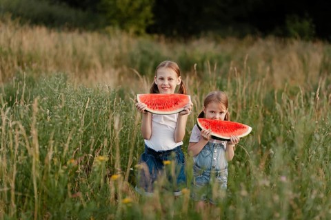 Two smiling children in a sunny field enjoy fresh watermelon slices. Their laughter and joy capture