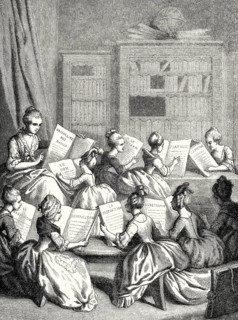 Elegant ladies in a Women's literary salon, the muses as young girls, antique print by Eustache
