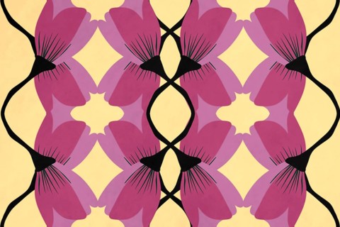Symmetric, abstract floral illustration featuring a mirrored pattern of purple flowers on a pastel