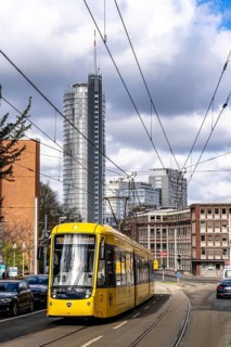 Essen city centre, RWE Tower, EVONIK building, Gutenbergstraße in the southern district, tram line,