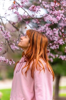 Young woman with long red hair wearing pink hoodie admiring blooming cherry tree in a park during