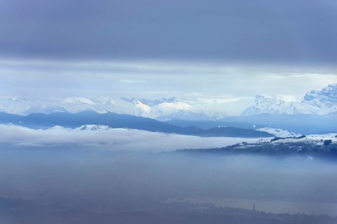 Fog over Lake Zug in the foreground the village of Cham, behind the snow-covered Alps, Beinwil,