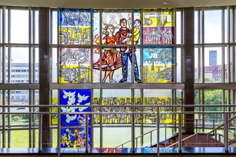 Stained glass window depictions from the history of the German labor movement by Walter Womacka in