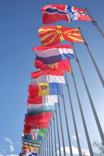 European national flags, Norwegian, French and North Macedonian national flags, free-standing,