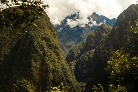 A breathtaking scenic view of lush Machu Picchu's, green mountain peaks enveloped in mist in the