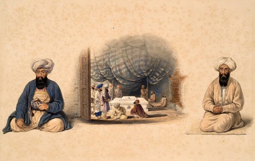 Scenes of men in traditional clothing, partly in a tent, sitting and standing