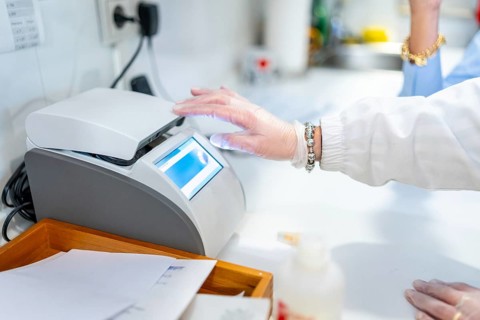 Pharmacist hand in a white glove operating a professional medical device with a digital screen,