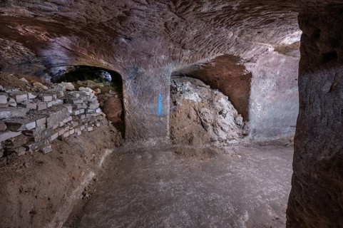Remaining rubble from World War II in the historic rock cellars, market square, Lauf an der