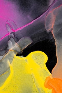 This abstract art features vibrant neon pink, yellow, and orange hues flowing on a black paper