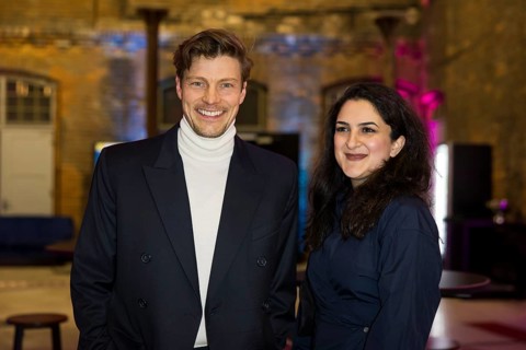 Helgi Schmid and Rana Farahani in front of the German Audio Film Awards ceremony at the Colosseum