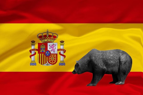 Stock market, stocks, share prices in Spain, bear market, falling prices, flag, national flag,