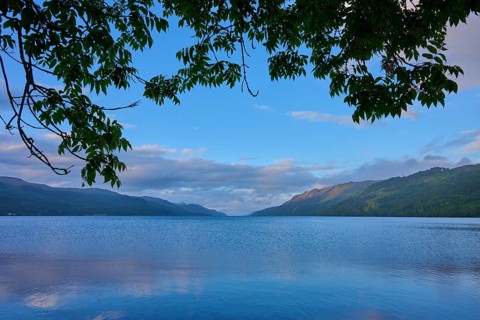Lake with blue sky and branches in the foreground, surrounded by mountains, Fort Augustus, Loch