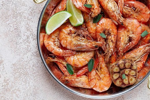Fried tiger prawns, with spices, homemade, top view