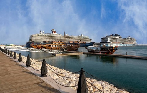 Cruise ships anchored at the cruise terminal in Doha, United Arab Emirates, Western Asia