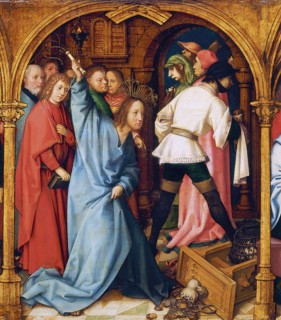 Picture shows the scene of the cleansing of the temple, in which Jesus Christ drives moneychangers