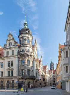 Schlossstraße with Residenzschloss and tower of the Hofkirche, Old Town of Dresden, Saxony, Germany