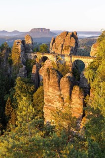 Panoramic view of the Bastei with Neurathen Castle and Wehlgrund, Lilienstein in the background,