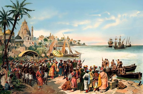Vasco da Gama's arrival in Calicut, 1498, Kozhikode, state of Kerala in India, digitally edited