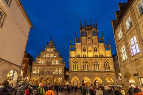 The historic town hall at dusk, Münster, North Rhine-Westphalia, Germany