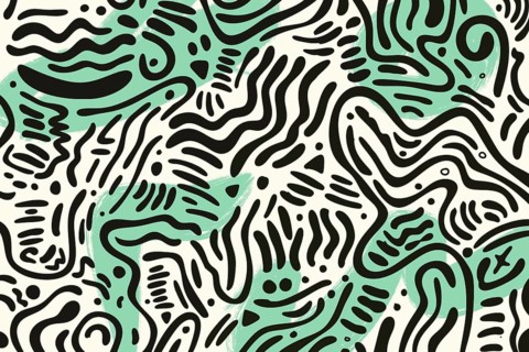 This abstract illustration showcases a dynamic pattern of black curves and wavy lines on a light
