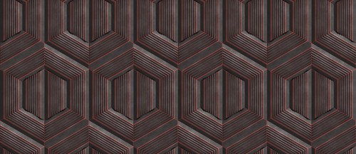 Seamless 3D geometric wallpaper design featuring dark hexagon stripes, ideal for contemporary