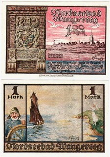Banknote, emergency money, 1 Mark, 1922, North Sea resort of Wangeroog, Germany, reproduction of a