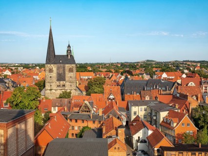 View of the roofs of the historic old town and the market church of St. Benediktii, UNESCO World
