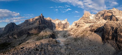 Evening at Refugio Francis Fox Tuckett, alpine panorama, aerial view, impressive mountain peaks of
