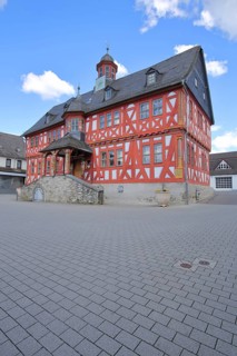 Old town hall built in 1639, red half-timbered house, Hadamar, Westerwald, Hesse, Germany