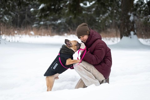 A girl in a warm jacket enjoys a winter walk with their dog in a snowy forest. The dog wears a