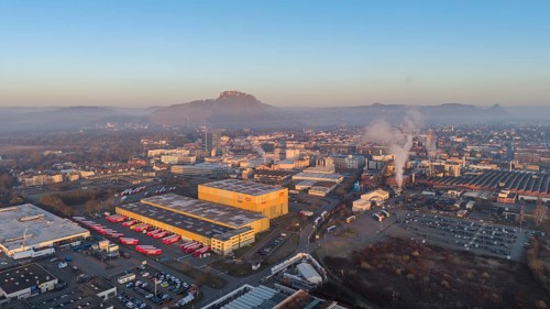 Aerial view, panorama of the industrial area of the city of Singen am Hohentwiel, after sunrise,