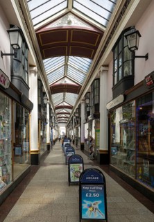 The Arcade historic shopping corridor, Broadmead shopping centre, Bristol, England, UK