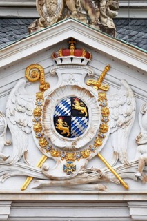 Augustusburg Castle, also known as Brühl Castle, close-up, coat of arms of the Dukes of Bavaria on