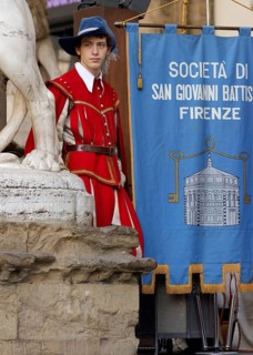 Young man in Florentine Renaissance traditional costume of the Sosietà di San Giovanni Battista