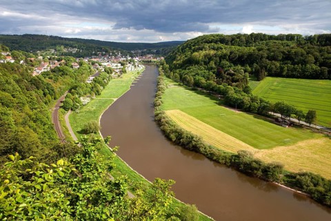 View from the Skywalk on River Weser, Beverungen, Weser Uplands, North Rhine-Westphalia, Germany
