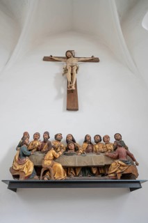 Jesus cross and depiction of the Holy Communion in a side chapel in the church of St Walburga,