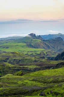 Moss-covered volcanic mountain landscape, Pakgil, Iceland