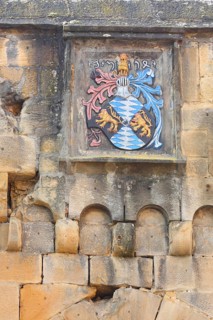 City coat of arms with date at Eisentor, Freinsheim, Rhineland-Palatinate, Germany